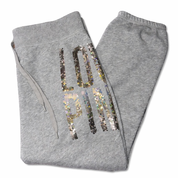 PINK Victoria's Secret Pants - PINK Victoria’s Secret Medium Gray Jogger Sweatpants Gold Silver Sequin Logo Y2K